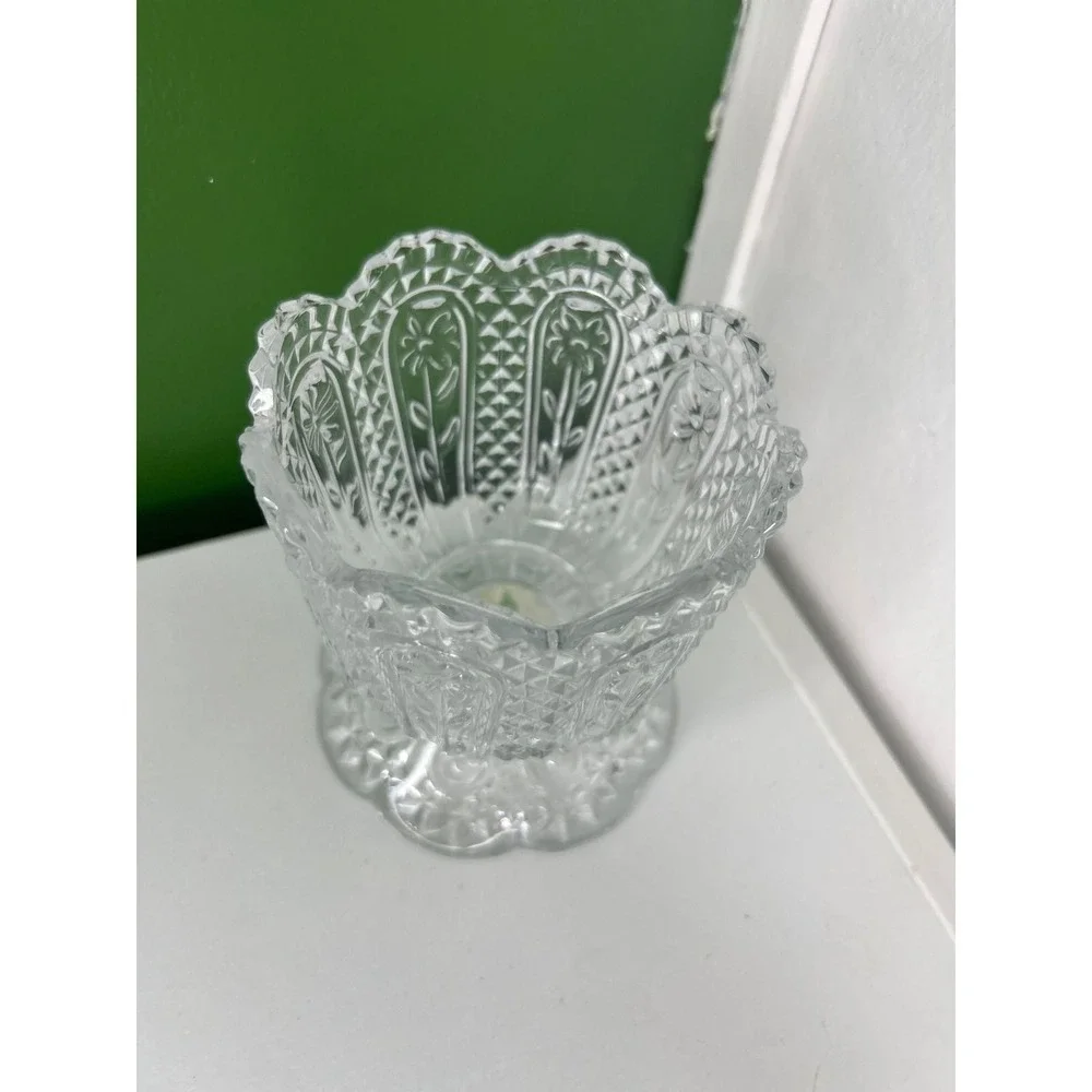 Vintage Pressed Clear Glass Floral Diamond Pedestal Votive Candle Holder Vase